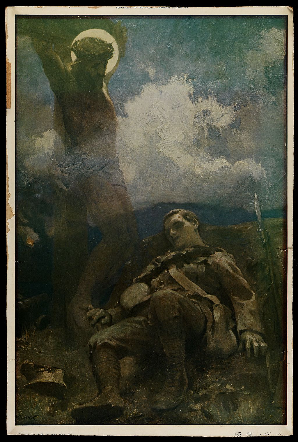 Painting, depicting a deceased soldier in the First World War overlooked by a Jesus Christ figure.
